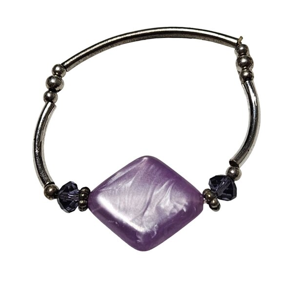 Elegant Purple Silver Beaded Stretch Bracelet Diamond Shaped Center Pendant - Picture 1 of 4